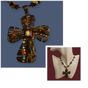 Vtg YOU & I Bronze Rainbow Cross Ceramic Tiger Eye Chain Necklace